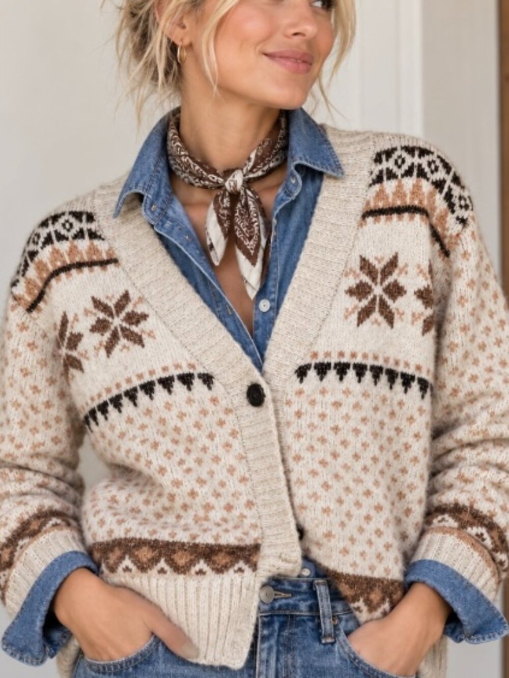 Women's knit Fair Isle cardigan button down brown/cream size L cozy soft